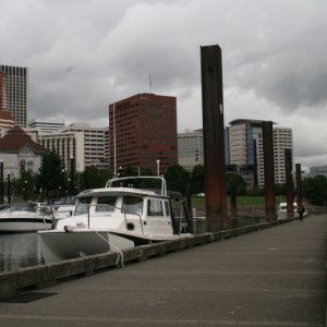 The public dock at Riverplace Marina - City of Portland in the background (typical Oregon overcast sky)