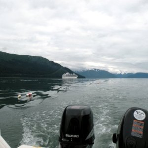 Coral Princess departing Juneau (crab pot buoys in forground)