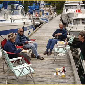 Media 'Chatterbox Falls -  Bill/El, George/Penny +Casey. Folks on bigger boats were saying: why aren't WE on the dock having breakfast??' in album 'Knoch Falls, BC'