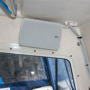 Media 'Poly Planar MA 7500 speakers.  They sound great!  Brackets thru bolted to take the usual pounding we get a some point during a long weekend cruise.  Port side.' in album 'Sony marine stereo mounted under shelf in custom bracket of my design.'
