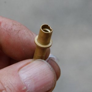 Main-Nozzle- showing broken and eroded end; Guessing that this was caused by previous rebuilder forcing nozzle out with a screwdriver.
