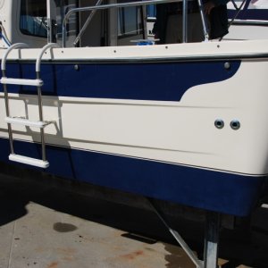 Media 'Quarter view of three rung portable ladder. Ladder stores in 'V-berth' area when not in use.' in album 'Three rung portable boarding ladder.'