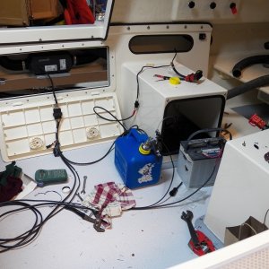 The dosing pump is now integrated to the fuel cap. I have everything in a temporary position to allow me to test the heater.  This is the point were I wonder if the whole idea was crazy.  After some fine tuning, it worked and puts out a lot of heat, then settles down to a purr.