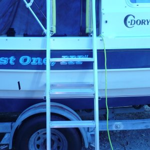 Media 'P1010586' in album 'Got a new Pontoon Ladder. Fits snug and tight under cleat (for grankid type weights) Am going to have to devise system with standoffs for my weight. Also need to decide where to store the monster.'