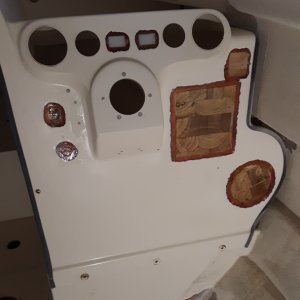 Media 'glass over the beveled edges' in album 'Filling the smaller holes and the two openings for the hour meters. the hour meters will get moved down slightly to allow for a voltmeter for each engine'