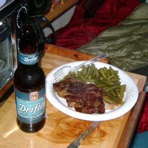 Dinner on a CD16.  A grill for the steaks, put the can of beans in the coffee pot with hot water, presto.  Of course the beer came from the cooler.