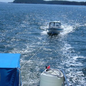Tows a little "Bow-low". Needs a lower bow eye. Any speed faster than 7 knots, the bow goes down and she gets squirrelly