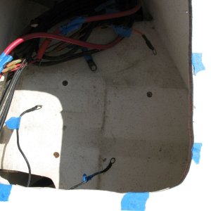 Media 'Battery tray holes over-drilled to be filled with thickened epoxy (not re-using this fastening method for batteries).  Also edges of locker bottom (which were raw balsa) were removed and filled with thickened epoxy.' in album 'Removing perimeter balsa core, to be replaced with thickened epoxy.'