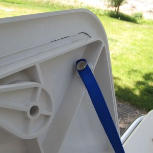 Media 'Strap is attached to hatch with snap stud that has a disc of 3M VHB tape on the back (they come this way).  I could also have through-fastened.' in album 'Removing perimeter balsa core, to be replaced with thickened epoxy.'