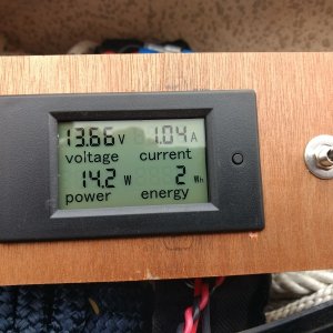 Media 'This shows AMPs going into the battery (toggle switch in up position). We are totally clouded over this afternoon so input is weak.' in album '160 watt Renolgy solar panel mounted to the Desert Dory roof rack.'