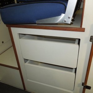 Media 'The slides used have a soft close feature that holds the drawers closed and prevents them from slamming shut.' in album 'Area under helm seat where refrigerator was located.'