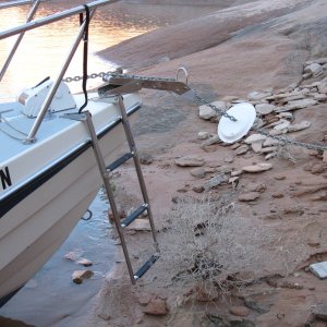 Media 'Paper plate on anchor line to keep varmits at bay.  We had a mouse in the cabin on the first night before we took precautions.  C-View' in album 'Just leaving the Rincon'
