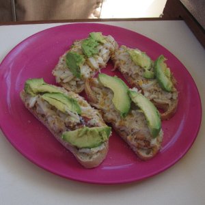 Media 'Open Face Broiled Crab Sanny with Avocado at Chuckanut Bay 7-30-11' in album 'Pat Rowing Dinghy in Decatur Tombolo Cove 7-17-11'