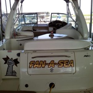 Fan-A-Sea,  sitting in her covered 
14' x 40' slip on the ohio river. 8/05/2010
260, loa 28'8",  my Sea-dory,