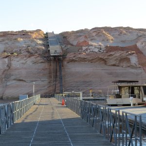 This was the walkway to the Antelope Point Marina parking lot, but the lake is 85 feet lower than when we were there in 2019