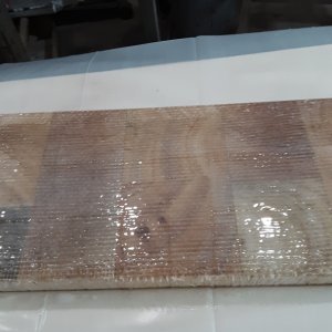TEST PANEL: used a small notched trowel to put on a thin layer of 'lightly thickened' epoxy