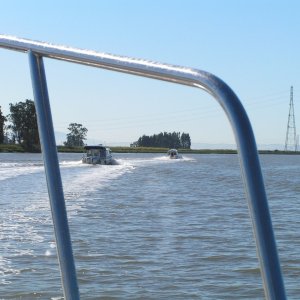 Picture from Dora Jean, then Dinner Belle II, and leading, Pounder -- all on the way to Petaluma up the Petaluma River.