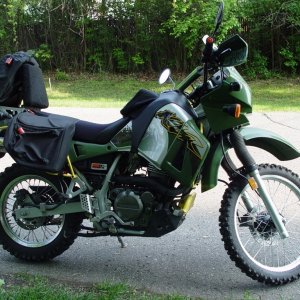 My 14th bike and current. 2001 Kawasaki KLR 650. Not the most recent pictures. I have since added more luggage bags.