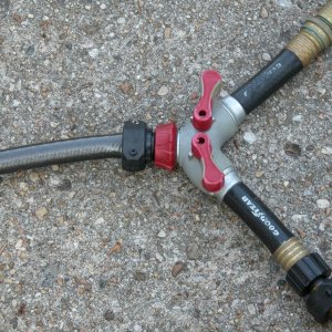 Media 'Flushing setup for use with twin HONDAs. Individual red control handles allow uniform water flow thru each engine as needed.' in album 'Flushing setup for use with twin HONDAs. Individual red control handles allow uniform water flow thru each engine as needed.'