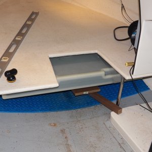 Lining things up to make sure on chock placement and that the fill (to the right) will be accessible.  The tank can't be tight against the underside of the V berth because of the fill and electric sender unit.  I also need space between the tank and the berth for my proposed "ground tackle," which will get it's own album when I start that project.