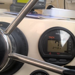 Media 'Here is the interplay between my tach, my fuel management system, and my plotter.  700 rpm gives 2.4 knts at .0 gallons per hour.  That is because my fuel management system doesn't give accurate rates at less than .1.  It does keep an accurate account of overall usage at this rpm.' in album 'I bought a 23 gal. tank from overstock.com for $140.  It was made by Moeller and used on Lund boats.  In 2011, boat manufacturers were required to install low permeable tanks when they ran out of their older stock. Low permeable tanks have a black nylon lining (as can be seen here).  There are still a lot of older style permiable tanks being sold even though they are new old stock and unused. BoatUS did an experiment where they found that an old style 6 gallon plastic outboard tank lost almost a pint in 6 months.  That's why gas goes bad.'