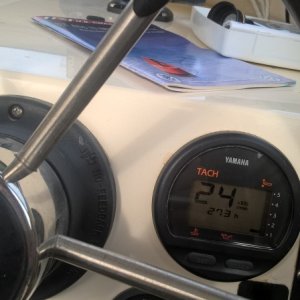 Media '2400 rpm gives a SOG of 6.2 knots at .7 gallons per hour (supposedly 10 mpg, although I usually only get 8).  At WOT I have seen it go as high as 3.6 gph. 
 Yes, I'm only in 5.3 feet of water, but I'm heading out of the little bay right in front of my cabin.  It's cool.' in album 'I bought a 23 gal. tank from overstock.com for $140.  It was made by Moeller and used on Lund boats.  In 2011, boat manufacturers were required to install low permeable tanks when they ran out of their older stock. Low permeable tanks have a black nylon lining (as can be seen here).  There are still a lot of older style permiable tanks being sold even though they are new old stock and unused. BoatUS did an experiment where they found that an old style 6 gallon plastic outboard tank lost almost a pint in 6 months.  That's why gas goes bad.'