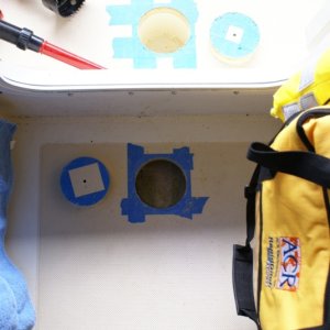 Inspection Plates -Cabin sole just forward of door (lower portion of picture), and cockpit sole just aft of door (upper portion of picture).