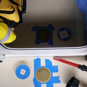 Media 'Inspection Plates - Cabin sole just forward of door (in upper portion of picture). Cockpit sole just aft of door (in lower portion of picture).  No water present under cockpit sole.' in album 'New LED Anchor Light & Radar Reflector Assembly'