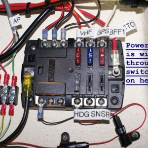 Boat Mods - New Hdng Sensor & Sounder Wiring:  Separate fuse block that is for nothing but electronics and is wired through a switch on the helm panel.