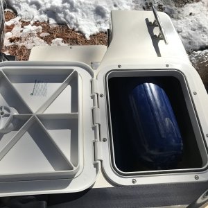 Port lazarette with new hatch and room to store 3 fenders.