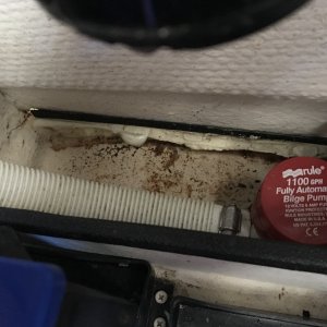 Media '1,100 gph bilge pump in sump in galley counter cabinet.' in album 'Always covered when not in use.'