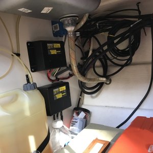 Diesel fuel container for Wallas 95D stove/heater in galley counter cabinet.