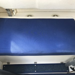 Media 'Port side cushioned bench seat.' in album 'Always covered when not in use.'