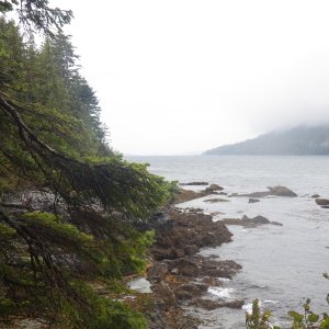 Media 'In the center of the picture, the farthest point that is barely visible, is our destination.  Anthony Island.' in album 'The boat launch at Moresby Camp in Cumshewa Inlet.'