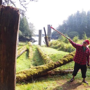 Media 'Our Watchman (guide) explains Haida architecture and that each house had a sunken floor as shown to the left.' in album 'The boat launch at Moresby Camp in Cumshewa Inlet.'