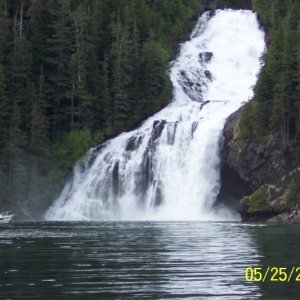(C-Biscuit) Cascade Falls is the largest waterfall in Prince William Sound...the C-Biscuit looks kinda small!