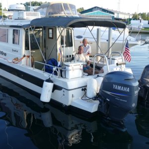 Expedition Mode at Alexandria Bay, St Lawrence Seaway, Bonnie Castle Marina,  NY.  The border with Canada cuts down the middle of the St Lawrence River.  Avoid back and forth stops due to Customs hassle