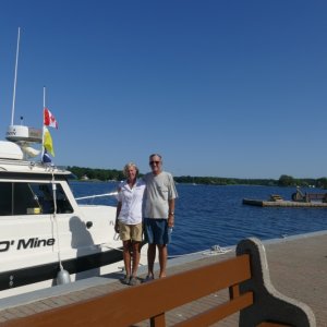 Canada courtesy flag highest, yellow quarantine flag, and US flag starboard stern.  Next stop Canada!