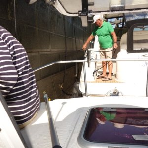 anchor hanging over his swim platform, but he's not overly concerned...