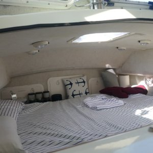berth on night 36 on boat.  The 2 clear bags at right hold all our clothes for 6 weeks except jackets and raincoats.  Laundry at marinas every 4-5 days.