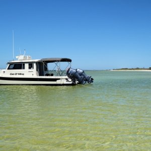 Anchored in knee deep water in Pensacola Bay, off Gulf Islands natl seashore, Ft Pickens area