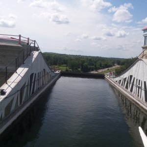 In tour boat at top of Peterborough tub lift on the Trent-Severn