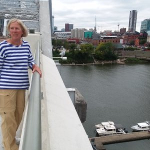 Walkway over Nashville City docks across from the city on the Cumberland/Barkley/Tennessee river Adventure.  Lew on Cat's Claw rafted to Cat O' Mine below, and Thataway behind.