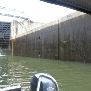 Erie lock chambers fill from the middle, pressing your boat against the lock walls.  You don't want a fender to get trapped in a niche like those on the right.  Have a sharp knife ready.