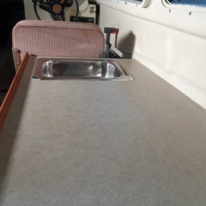 Looking through the rear window at the new counter top.