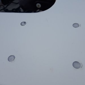 Media 'Epoxy filled holes. Notice the air bubble... Fixable though.' in album 'Primer on. After stripping with solvent, sanding, washing off with solvent. Ugh..'