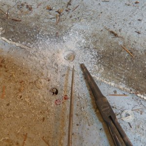 For some rivets, I had to drill down and then pull out the remains of the rivet.  This balsa seems okay even though the adjacent test hole was discolored.