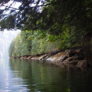 Media 'Cool shady overhang in the mists of Chatterbox Falls.' in album 'B-Boat 22, the Julie Anne, running with us up to Princes Louisa Inlet.  Flat here but we did see WOW(Waves On Water)! and lots of rain. C-Dory used 1/2 the fuel at every stop.'