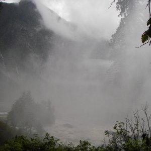 Media 'Looking up the valley to the headwaters of the Chatterbox.  Falls mist, and cloudy day, gray and damp  for sure.' in album 'B-Boat 22, the Julie Anne, running with us up to Princes Louisa Inlet.  Flat here but we did see WOW(Waves On Water)! and lots of rain. C-Dory used 1/2 the fuel at every stop.'