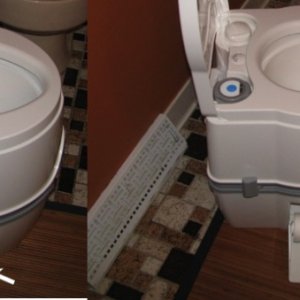 Theford Curve Built in toilet paper dispenser.  Incidentally, for those of you who are too shy to ask:  if you need to deal with solid waste, just pre-fill the bowl with water (with the valve closed of course), do your duty, then flush.  It works no differently then at home.  My wife and friends are extremely well pleased with the toilet enclosure and the function of this toilet that is so close to what we have at home.